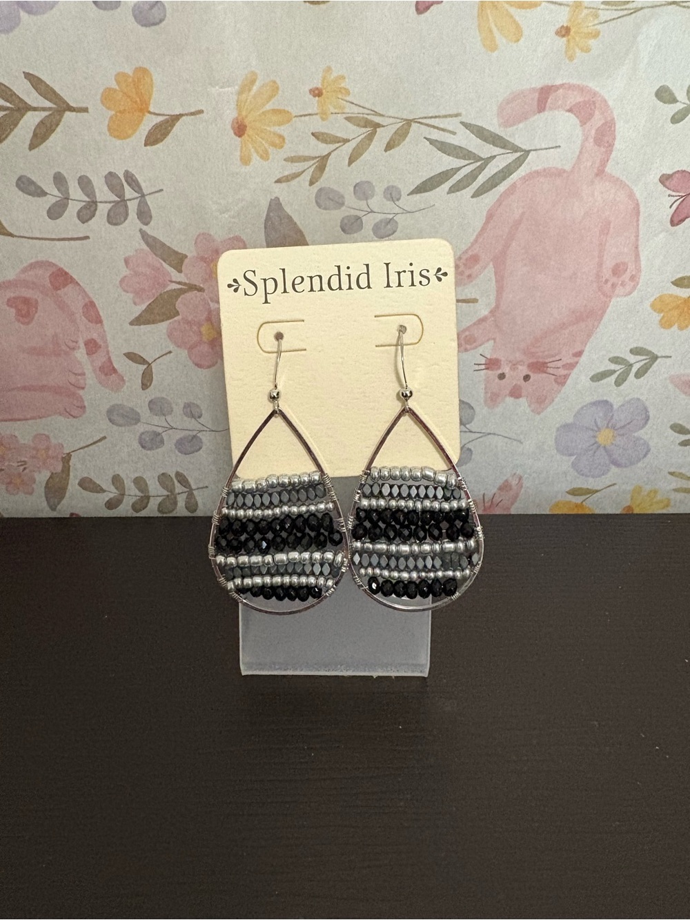 Splendid Iris Beaded Teardrop dangle drop silver tone earrings. New.